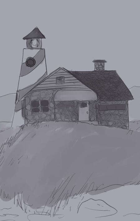 a sketch of u3!Phil's home, a small cobblestone house on the beach with a replica lighthouse attached to the side.. u3!Tommy lives in that lighthouse.